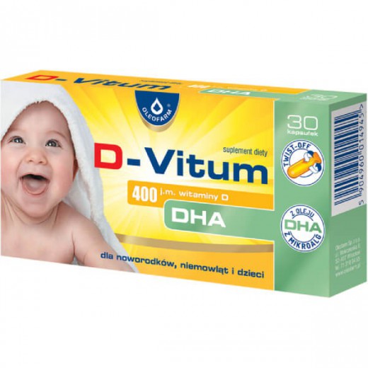 D-Vitum, witamina D + DHA dla noworodków, niemowląt i dzieci 400 j.m., 30 kapsułek twist-off