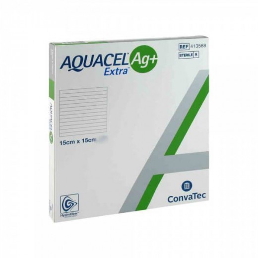 Aquacel Ag+ Extra, opatrunek Hydrofiber z dodatkiem srebra i włókien wzmacniających, 15 cm x 15 cm, 1 sztuka