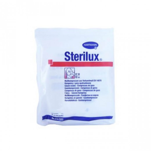 Sterilux, kompresy jałowe z gazy, 17-nitkowe, 12-warstwowe, 5 cm x 5 cm, 3 sztuki