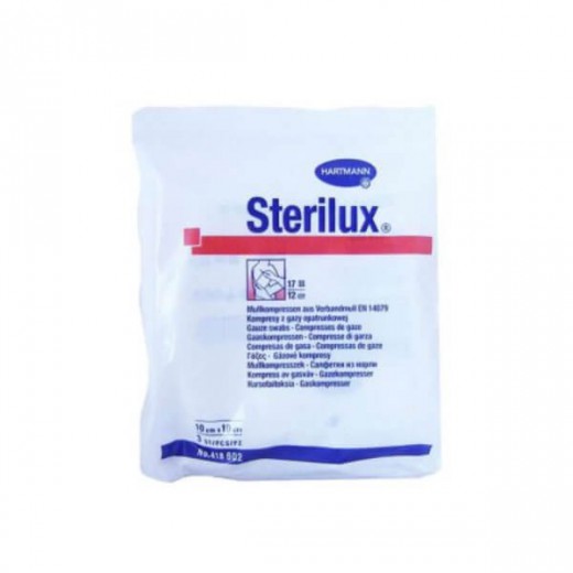 Sterilux, kompresy jałowe z gazy, 17-nitkowe, 12-warstwowe, 10 cm x 10 cm, 3 sztuki