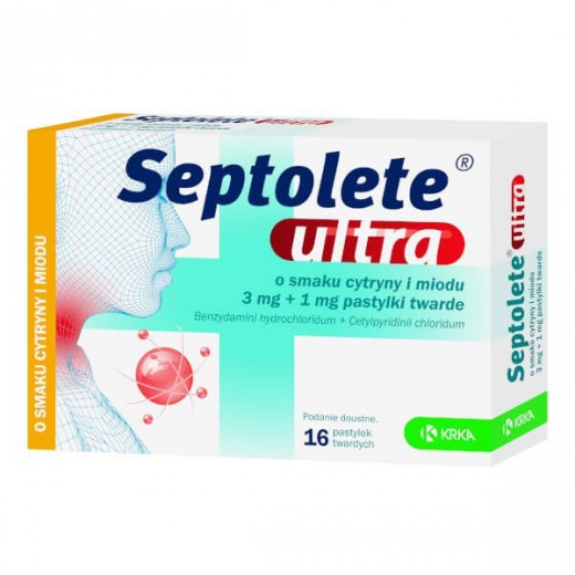 Septolete Ultra o smaku cytryny i miodu 3 mg + 1 mg, 16 pastylek twardych