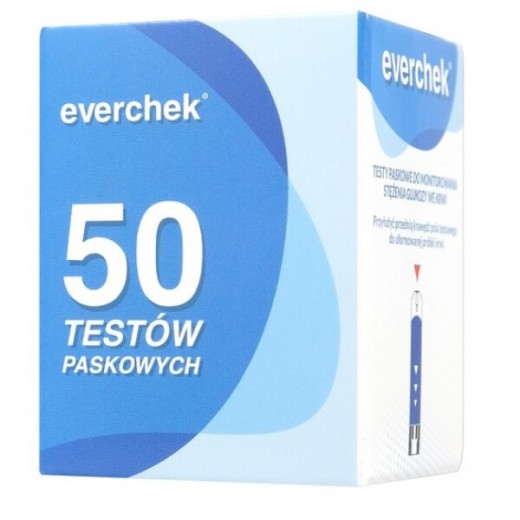 Test paskowy do monitorowania stężenia glukozy we krwi Everchek, 50 pasków