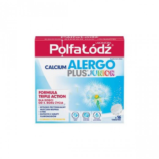 Laboratoria PolfaŁódź Calcium Alergo Plus Junior dla dzieci od 4 roku, smak cytrynowy, 16 tabletek musujących