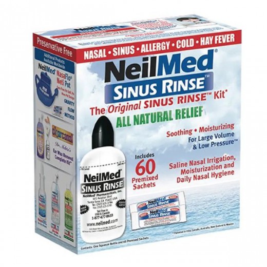 Sinus Rinse Kit, zestaw do irygacji zatok dla dorosłych, butelka 240 ml + 60 saszetek