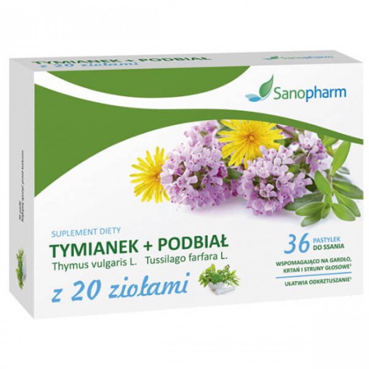Tymianek + Podbiał z 20 ziołami, 12 pastylek do ssania