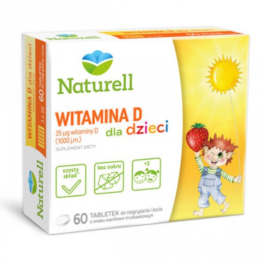 Naturell Witamina D dla dzieci, smak waniliowo-truskawkowy, 60 tabletek