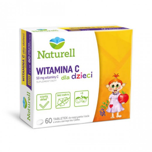 Naturell Witamina C dla dzieci, smak czarnego bzu i jabłka, 60 tabletek