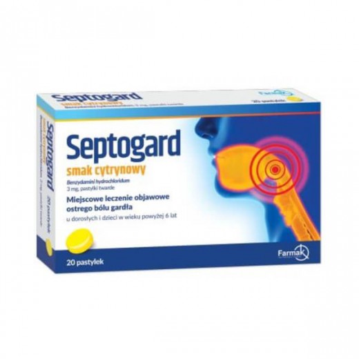 Septogard, smak cytrynowy, 20 pastylek