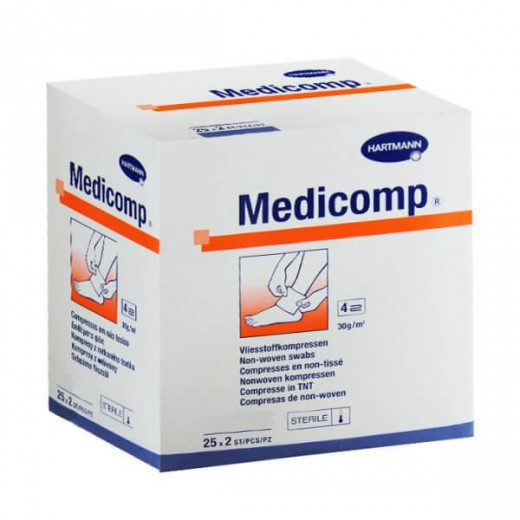 Medicomp, kompresy jałowe, włókninowe, 4-warstwowe, 30 g/ m2, 10 cm x 20 cm, 50 sztuk