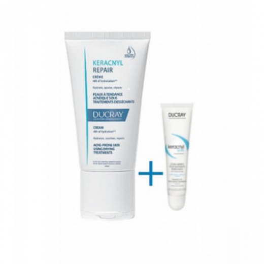 Ducray Keracnyl, zestaw Repair Krem nawilżający, 50 ml + Balsam do ust, 15 ml