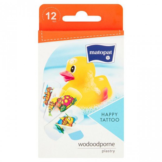 Matopat Happy, plastry dla dzieci z opatrunkiem, wodoodporne, Tattoo, 25 mm x 57 mm, 12 sztuk
