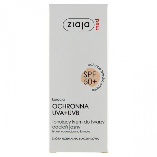 Ziaja Med Kuracja ochronna, tonujący krem do twarzy, skóra normalna i naczynkowa, odcień jasny, SPF50+, 50 ml
