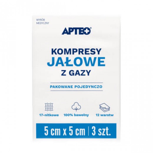 Kompresy gazowe jałowe 5cm x 5cm, Apteo, 3 sztuki