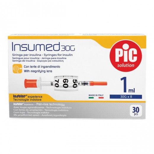 Pic Solution Insumed, strzykawki insulinowe 1 ml, 30G x 8mm, 30 sztuk