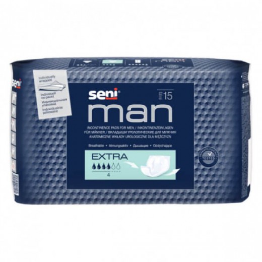 Seni Man Extra, wkładki urologiczne, 7,5 cm x 21,5 cm x 28 cm, 15 sztuk