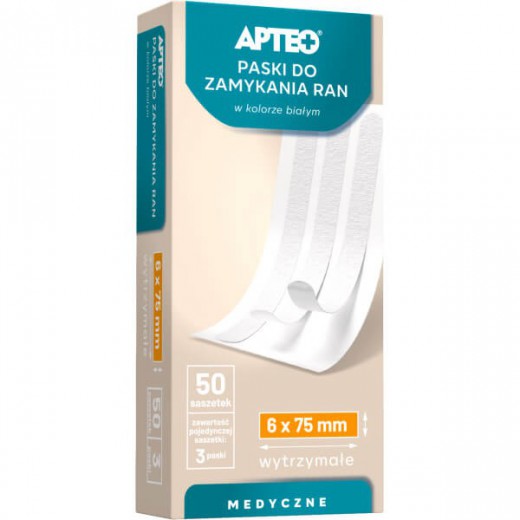 Apteo Paski do zamykania ran, białe, 6mm x 75mm, 3 sztuki pasków