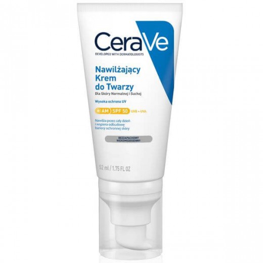CeraVe, nawilżający krem do twarzy z ceramidami, skóra normalna i sucha, SPF 50, 52 ml