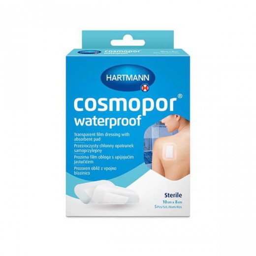 Cosmopor Waterproof, opatrunek chłonny, samoprzylepny, wodoodporny, jałowy, przezroczysty, 10 cm x 8 cm, 5 sztuk