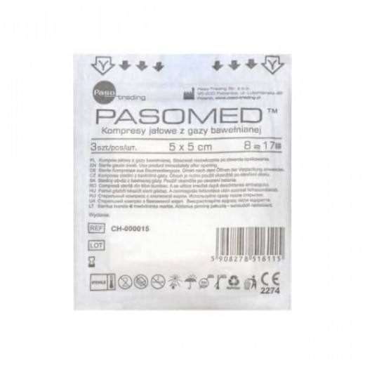 Kompresy jałowe Pasomed 17-nitkowe 8-warstwowe, 5cm x 5cm, 3 sztuki