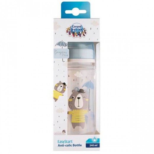 Canpol Babies Easy Start, butelka antykolkowa, szeroka, Bonjur Paris, niebieska, od 3 miesiąca, 240 ml