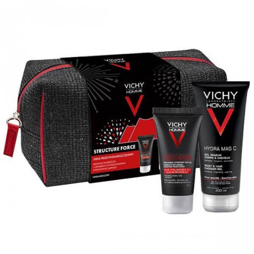 Vichy Homme Structure Force, krem do twarzy dla mężczyzn + Hydra Mag C, żel pod prysznic + kosmetyczka, zestaw