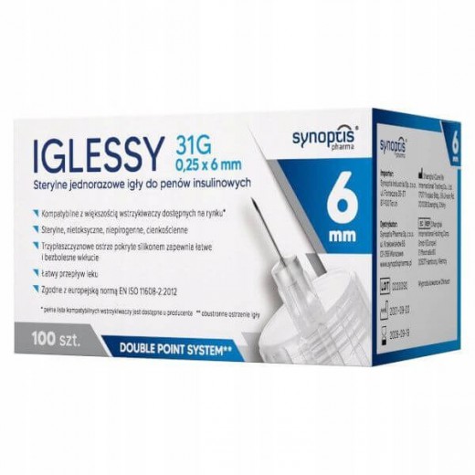 Igły do penów Iglessy Sterylne, 0,25×6 mm (31G), 100 sztuk