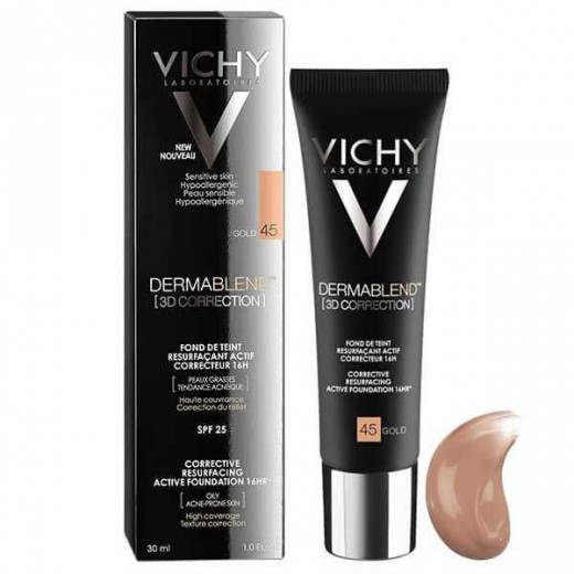 Vichy Dermablend Korekta 3D, podkład wyrównujący powierzchnię skóry, nr 45, Gold, 30 ml