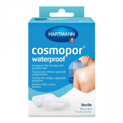 Cosmopor Waterproof, opatrunek chłonny, samoprzylepny, wodoodporny, jałowy, przezroczysty, 7,2 cm x 5 cm, 5 sztuk