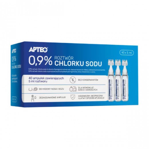 Sól fizjologiczna, 0,9% roztwór chlorku sodu, Apteo, 40 x 5ml