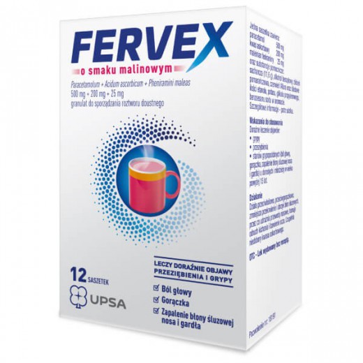 Fervex 500 mg + 200 mg + 25 mg, granulat do sporządzania roztworu doustnego, smak malinowy, 12 saszetek