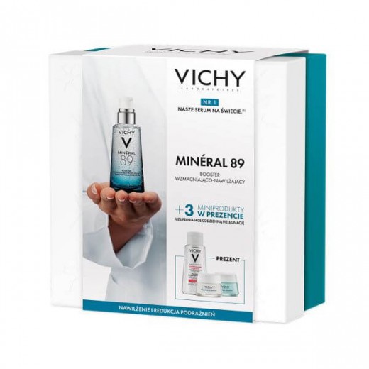 Zestaw Vichy Mineral 89, booster, 50 ml + płyn micelarny, 100 ml + bogaty krem nawilżający, 15 ml + żel na noc, 15 ml