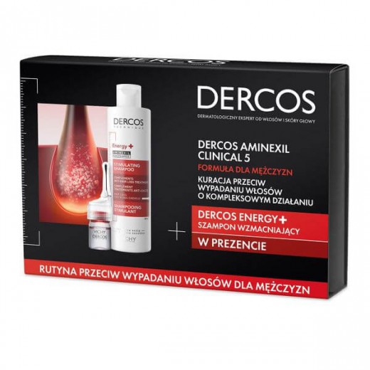 Zestaw Vichy Dercos Aminexil Clinical 5, przeciw wypadaniu włosów dla mężczyzn, 6 ml x 21 + wzmacniający szampon, 200 ml