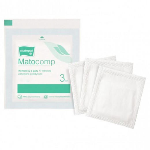 Matopat Matocomp, kompresy jałowe, 100% bawełny, 17-nitkowe, 8-warstwowe, 10 cm x 10 cm, 3 sztuki