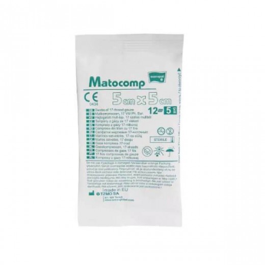 Matopat Matocomp, kompresy jałowe z gazy, 17-nitkowe, 12-warstwowe, 5 cm x 5 cm, 5 sztuk