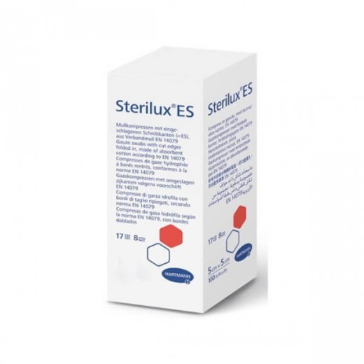 Sterilux ES, kompresy niejałowe z gazy, 17-nitkowe, 8-warstwowe, 7,5 cm x 7,5 cm, 100 sztuk