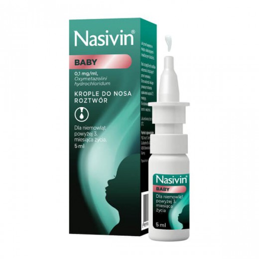 Nasivin Baby 0,1 mg/ml, krople do nosa dla niemowląt od 3 miesiąca, 5 ml