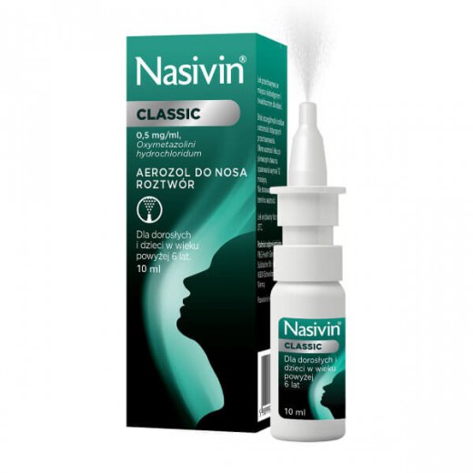 Nasivin Classic 0,5 mg/ ml, aerozol do nosa dla dorosłych i dzieci od 6 lat, 10 ml