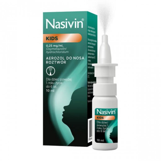 Nasivin Kids 0,025 % 0,25 mg/ ml, aerozol do nosa, dla dzieci od 1 do 6 lat, 10 ml