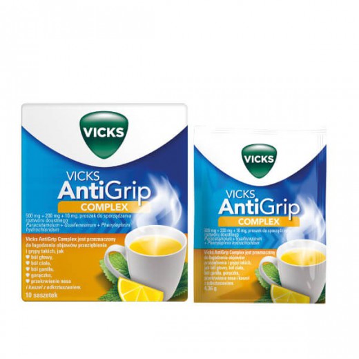 Vicks AntiGrip Complex 500 mg + 200 mg + 10 mg, proszek do sporządzania roztworu doustnego, 10 saszetek