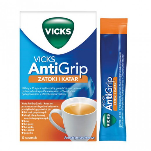 Vicks AntiGrip Zatoki i Katar 650 mg + 16 mg + 4 mg, granulat do sporządzania roztworu doustnego, 10 saszetek