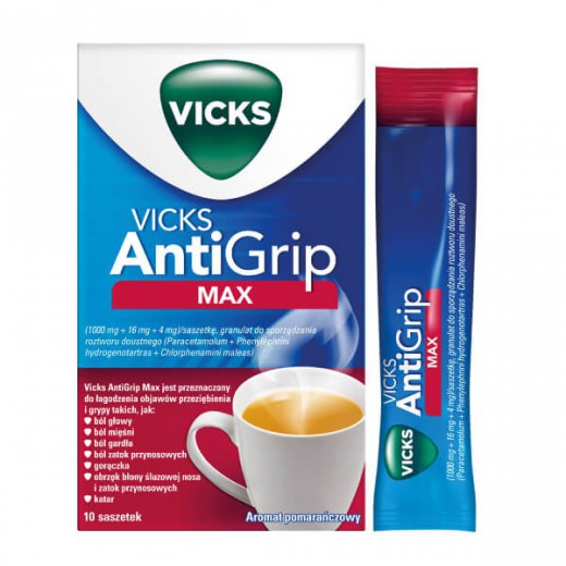 Vicks AntiGrip Max 1000 mg + 16 mg + 4 mg, granulat do sporządzania roztworu doustnego, 10 saszetek