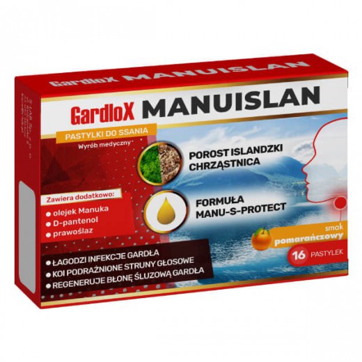 Gardlox Manuislan, smak pomarańczowy, 16 pastylek do ssania