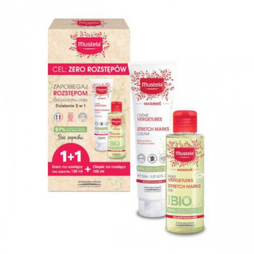 Zestaw Mustela Maternite, krem na rozstępy, bez zapachu, 150 ml + Bio, organiczny olejek na rozstępy, 105 ml w prezencie