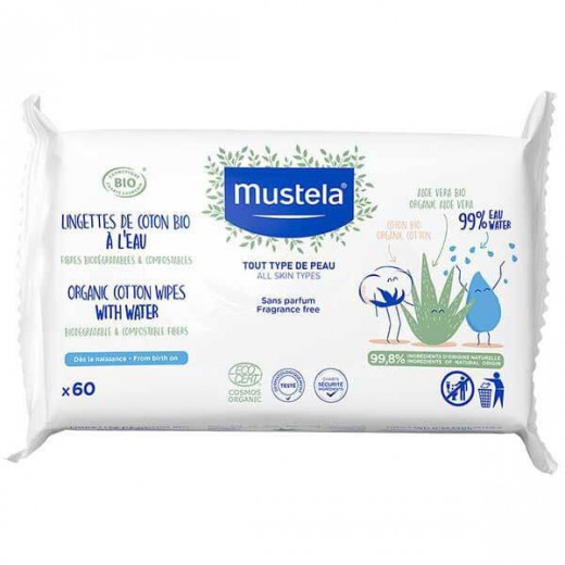 Mustela Bio, chusteczki BIO z organicznej bawełny z wodą, od urodzenia, 60 sztuk