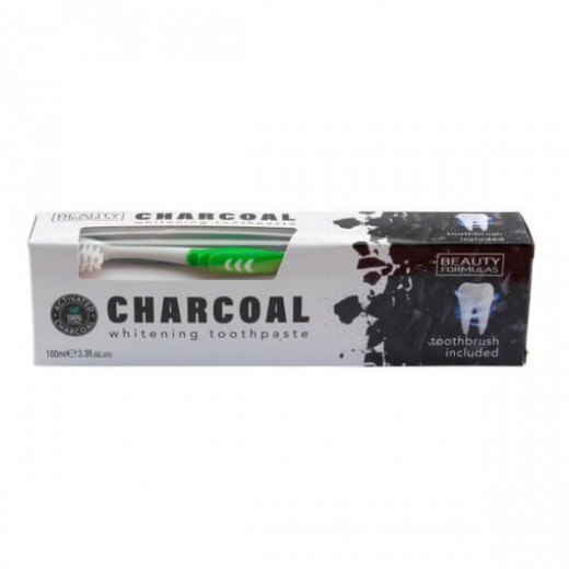 Beauty Formulas Charcoal, wybielająca pasta do zębów z aktywnym węglem, 100 ml + szczoteczka do zębów, 1 sztuka