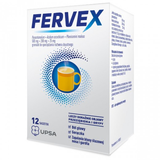 Fervex 500 mg + 200 mg + 25 mg, granulat do sporządzania roztworu doustnego, smak cytrynowy, 12 saszetek