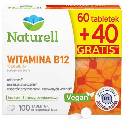 Naturell Witamina B12 10 µg, 60 tabletek do rozgryzania i żucia + 40 tabletek gratis