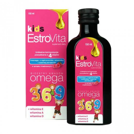 EstroVita Kids, estry kwasów Omega 3-6-9, smak malinowy, 150 ml