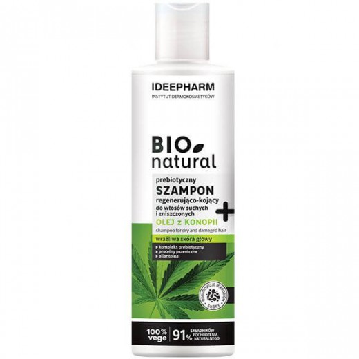 Bionatural, prebiotyczny szampon regenerująco-kojący, włosy suche i zniszczone, olej z konopi, 400 ml
