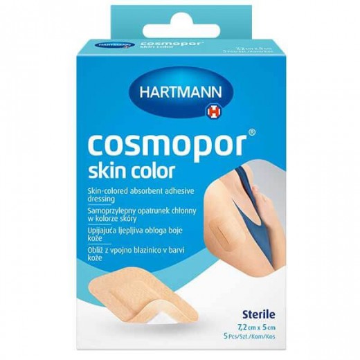 Cosmopor Skin Color, opatrunek chłonny, samoprzylepny, jałowy, cielisty, 7,2 cm x 5 cm, 5 sztuk